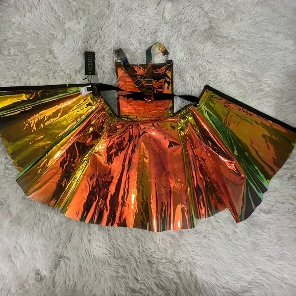 CLUB EXX Techno Gurl Hologram Vinyl Pinafore Overall Dress Metallic Blue Copper - Picture 8 of 12
